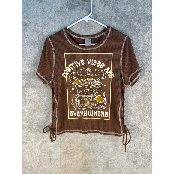 Positive Vibes Are Everywhere Mushrooms Ribbed Side Tie T-Shirt Juniors XXL - Picture 1 of 6